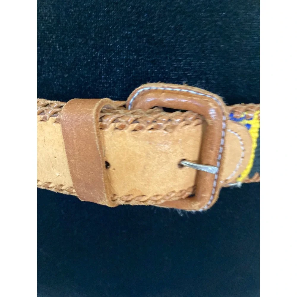 Vintage Guatemalan Woven‎ Leather Belt Tan Multi Color Boho Southwestern Size 34